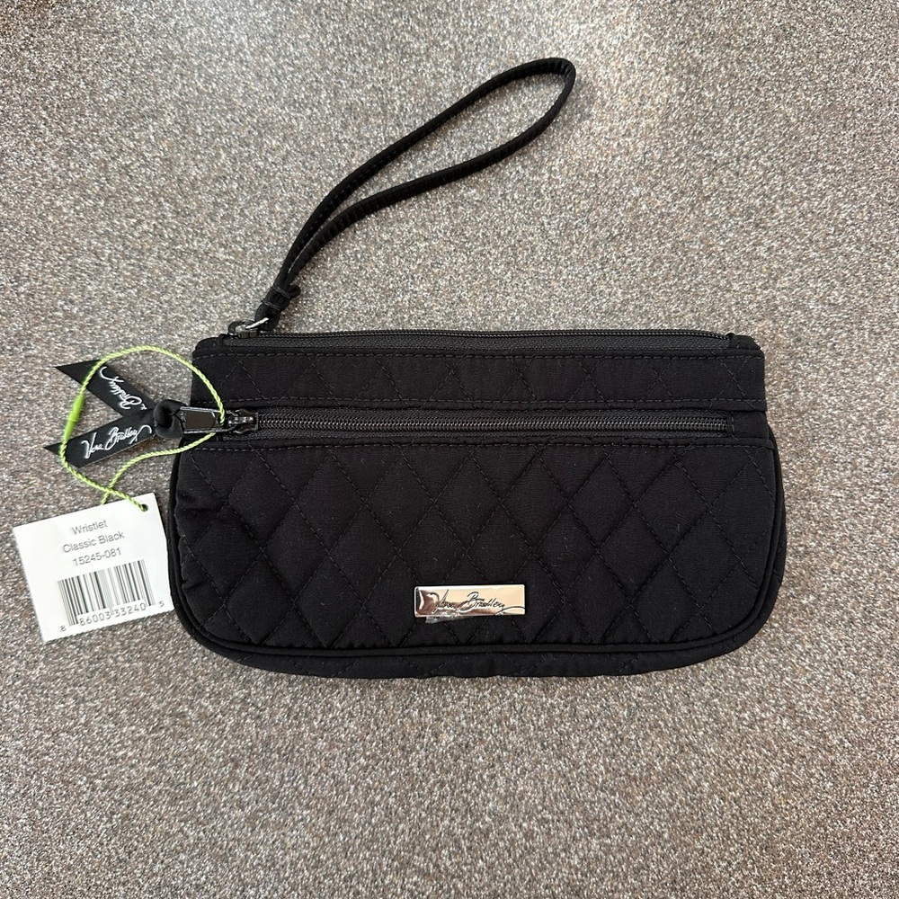 Vera Bradley Wristlet Wallet Classic Black Quilted 2 Zip Pockets Card Slots NWT